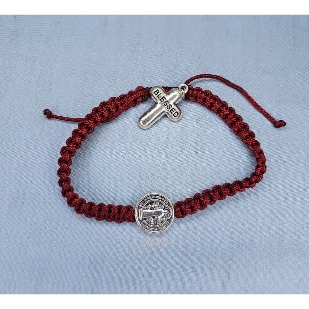 Crucifix Red Bracelet St. Benedict Blessed Cross Adjustable String Silver Tone